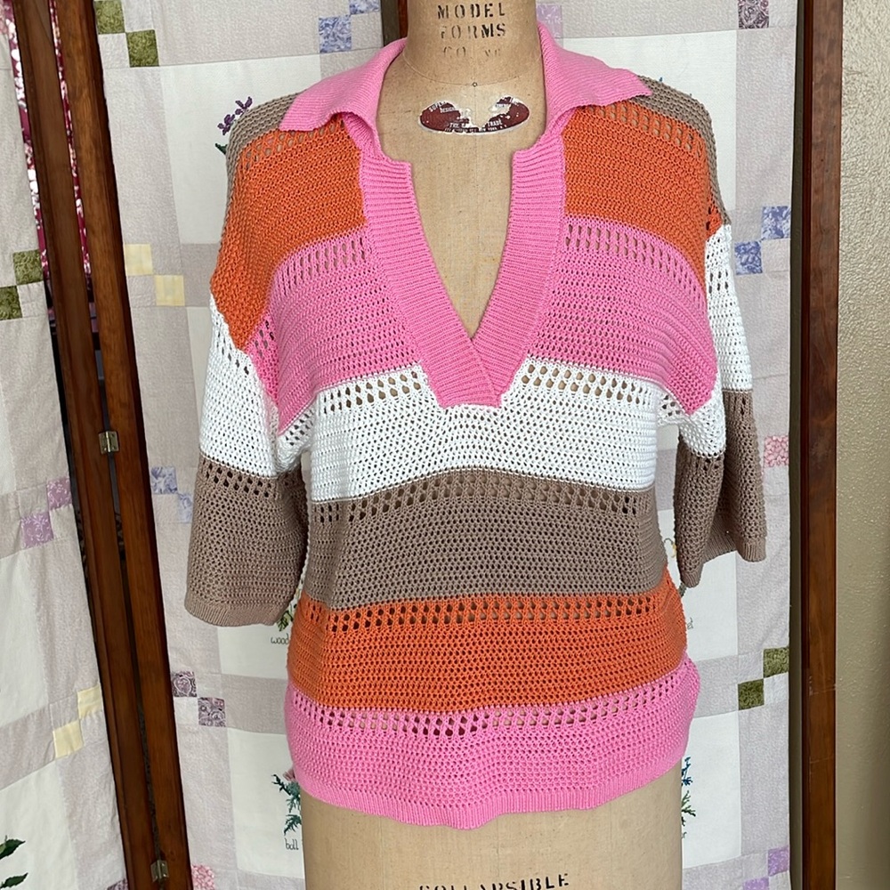 Design365 soft cotton multi colored, stripped sweater, 3/4 sleeves, pink collar